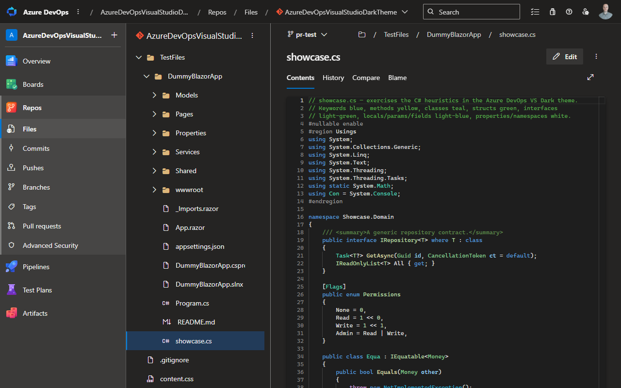 C# in Azure DevOps with Visual Studio dark theme colors