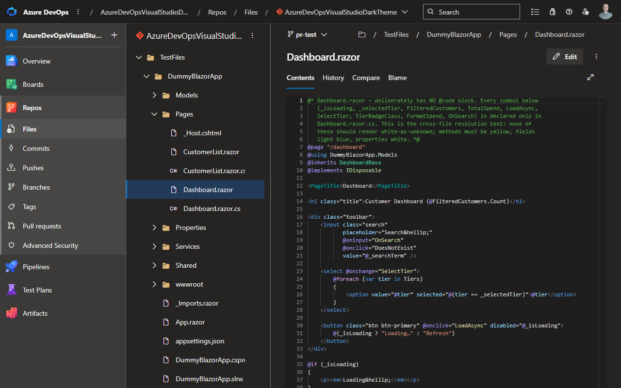 A Blazor component in Azure DevOps with full Razor highlighting