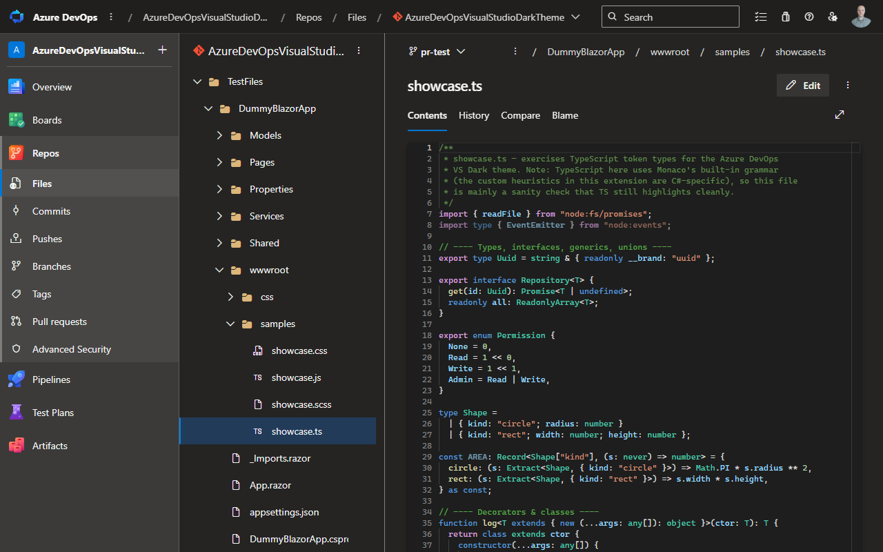 TypeScript in Azure DevOps with Visual Studio dark theme colors