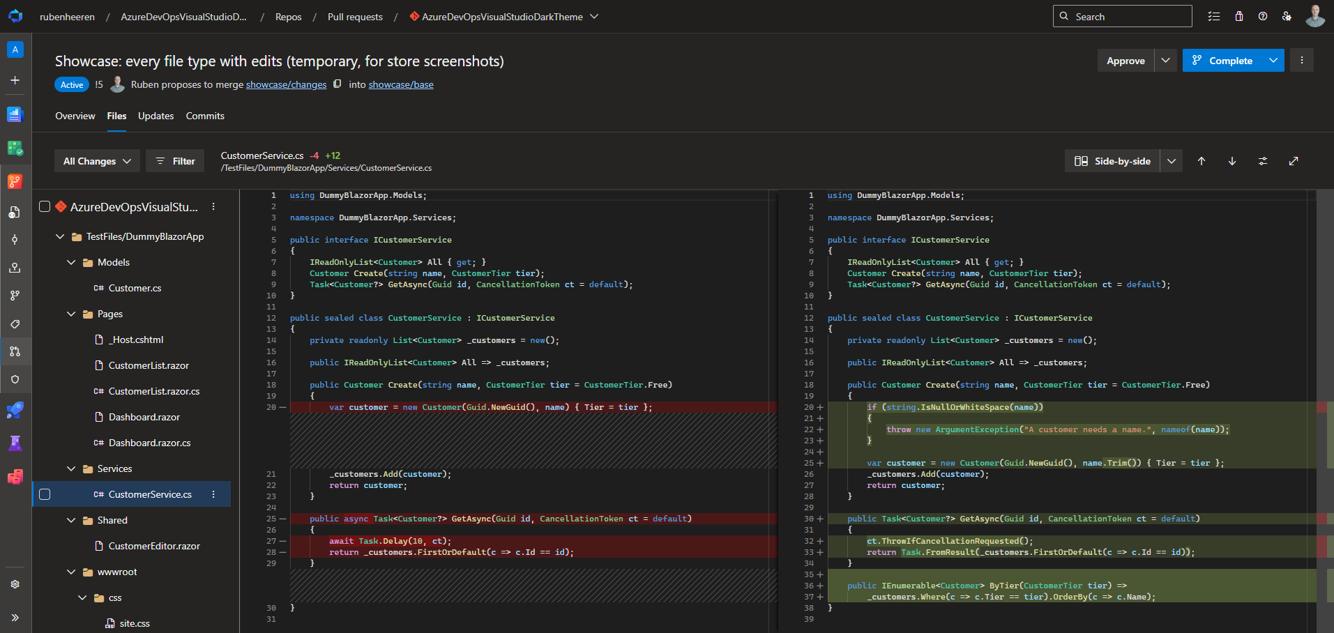 A side-by-side pull request diff of a C# file with full syntax highlighting and red and green change markers