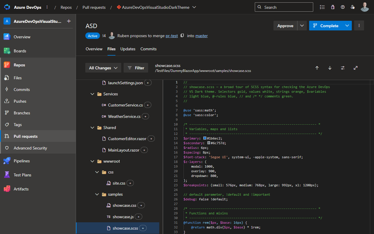 A pull request diff with full syntax highlighting