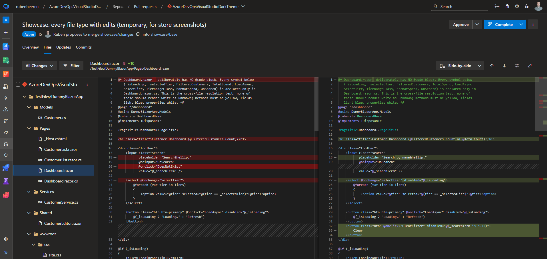 A pull request diff of a Razor file, with the code-behind symbols colored as methods and fields