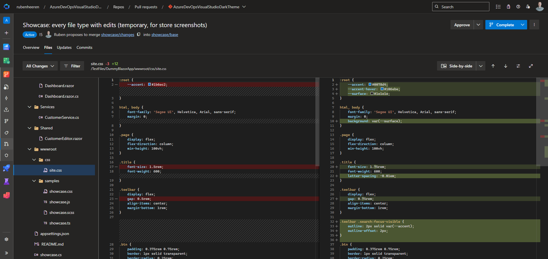 A side-by-side pull request diff of a CSS file with Visual Studio dark theme colors