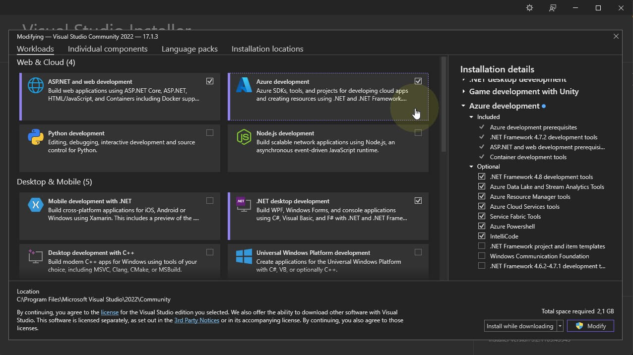 Azure development workload